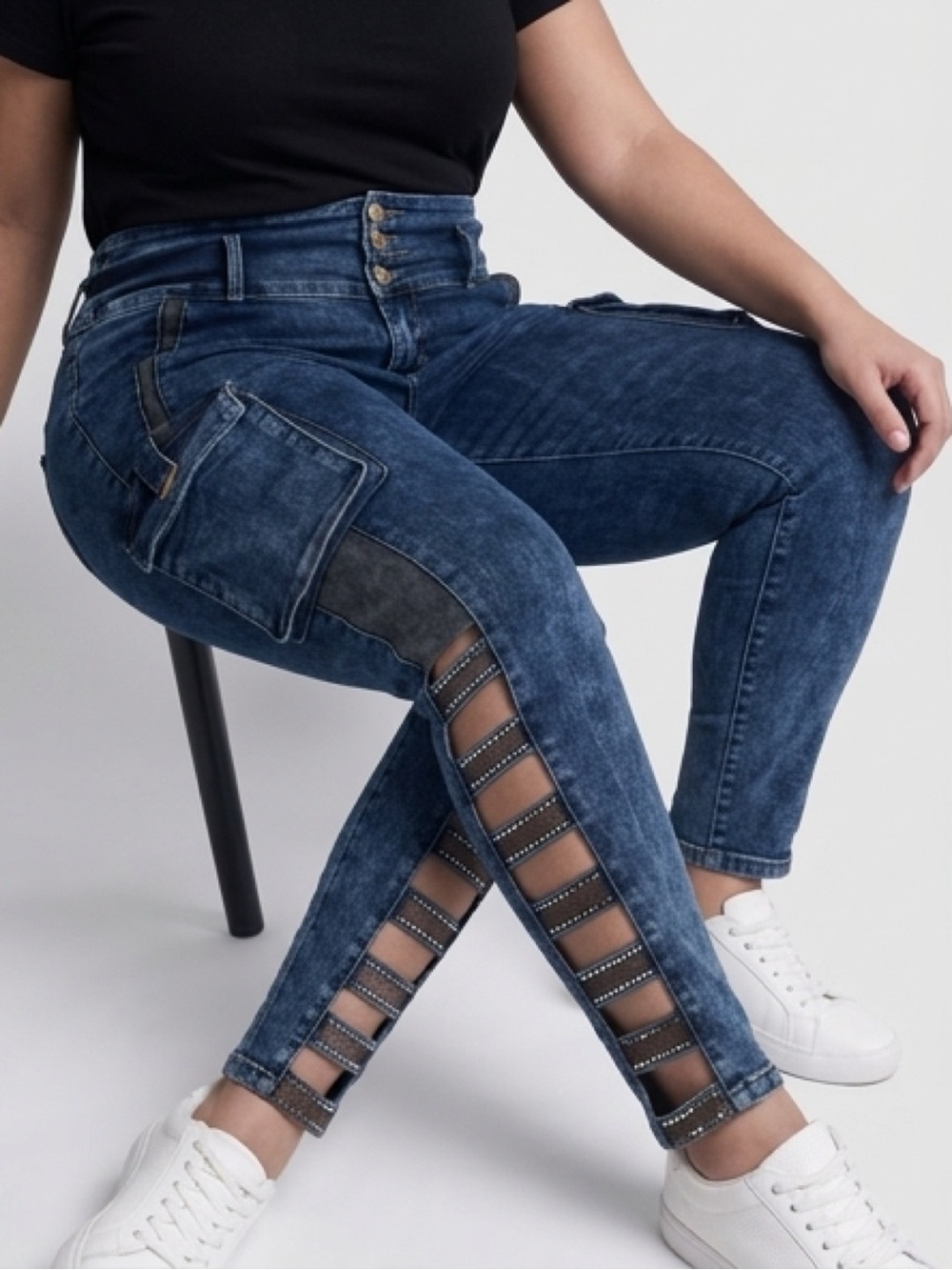 High-Rise Skinny Jeans with Side Cutout Straps — Blue